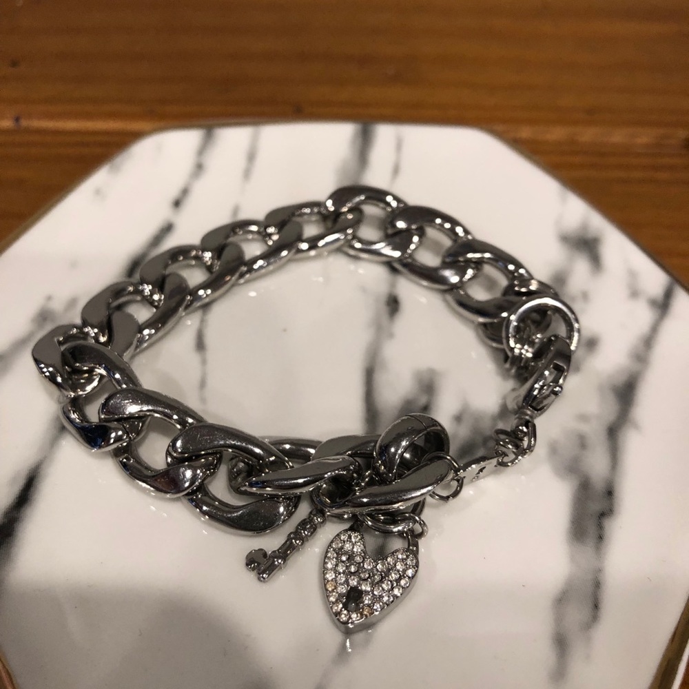 Silver with diamonds lock and key bracelet FOSSIL